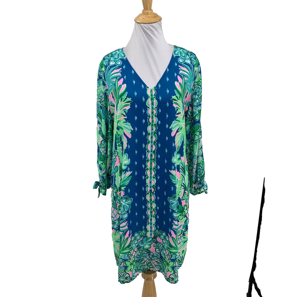 Lilly Pulitzer Dress Womens S Small Pamela V Neck Tie Bow Cuffs Bohemian Shift